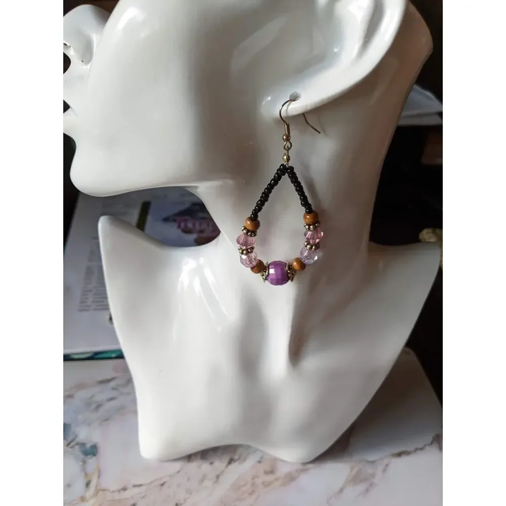 Purple and black beaded fish hook earrings